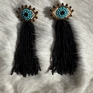 Black and Turquoise Beaded Tassel Earrings